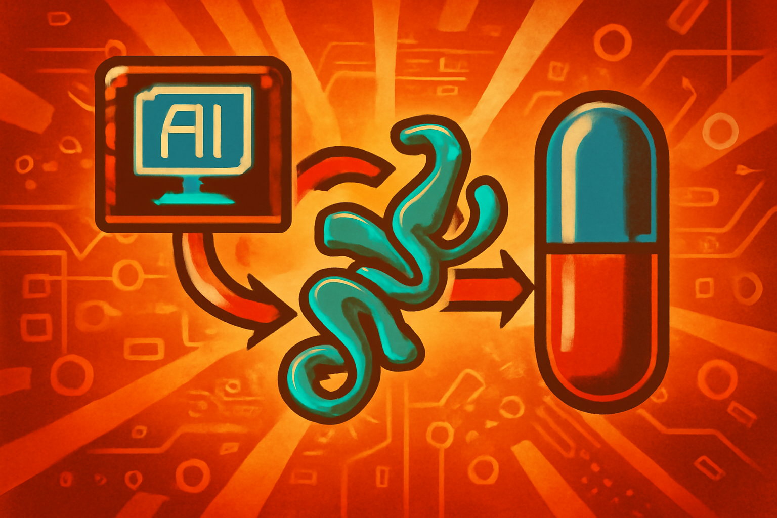 A complex 3D digital visualization of a miniprotein molecule on a computer monitor in a scientific research laboratory.