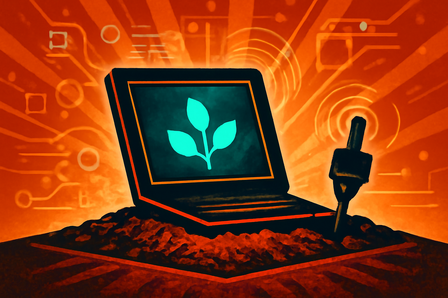 A digital 3D visualization of soil layers and plant roots being analyzed by glowing data points and neural network lines, symbolizing AI monitoring.