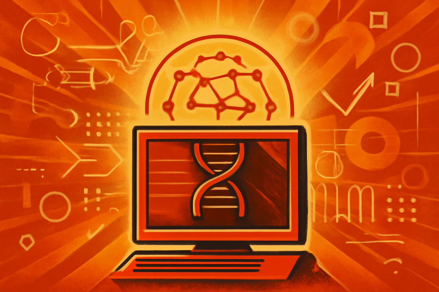 Digital art showing glowing DNA strands connected by a complex network of lines and nodes, representing an AI model mapping gene-gene relationships inside a human cell.