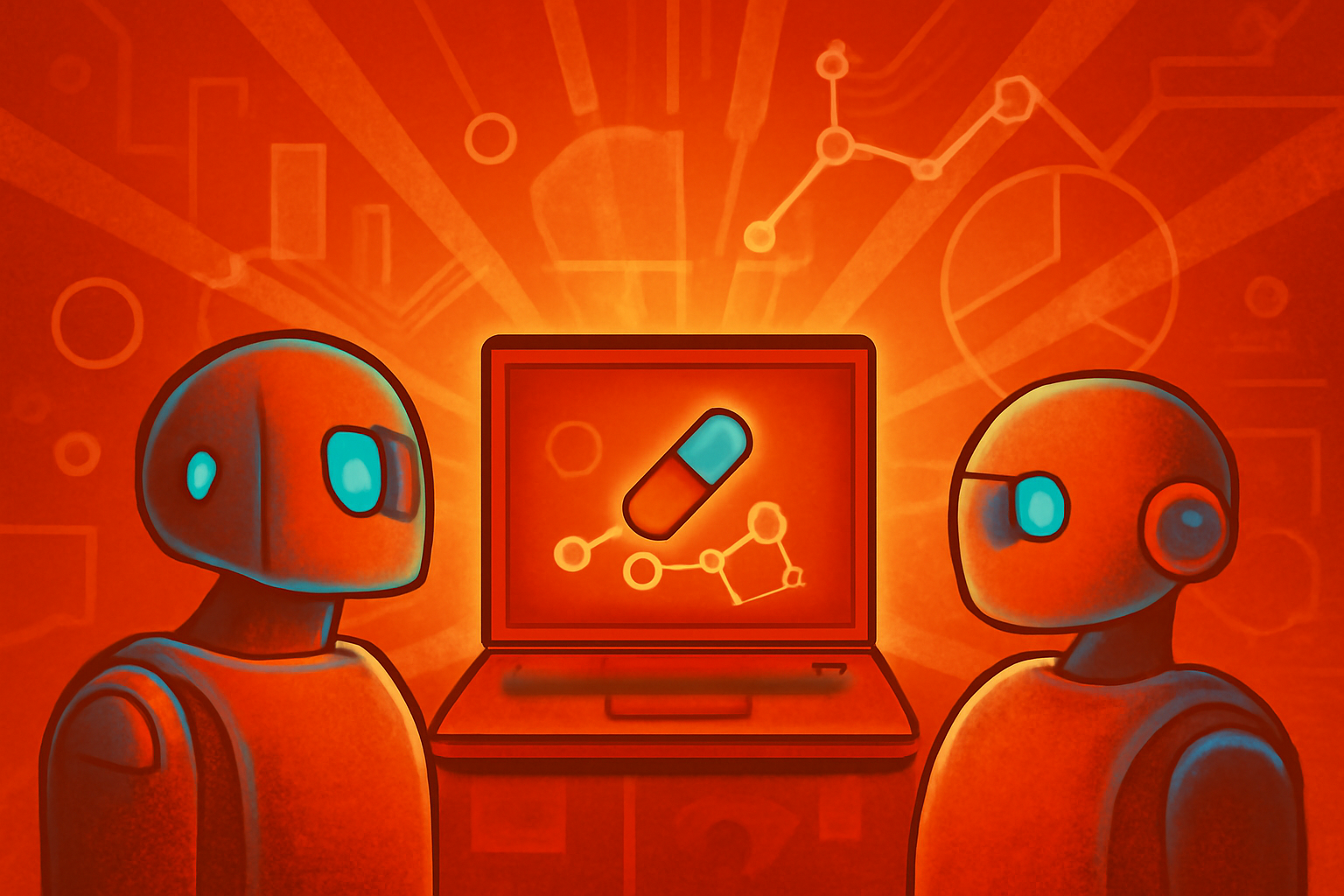 A futuristic laboratory setting showing digital screens with molecular structures and data visualizations, representing AI-driven drug research.