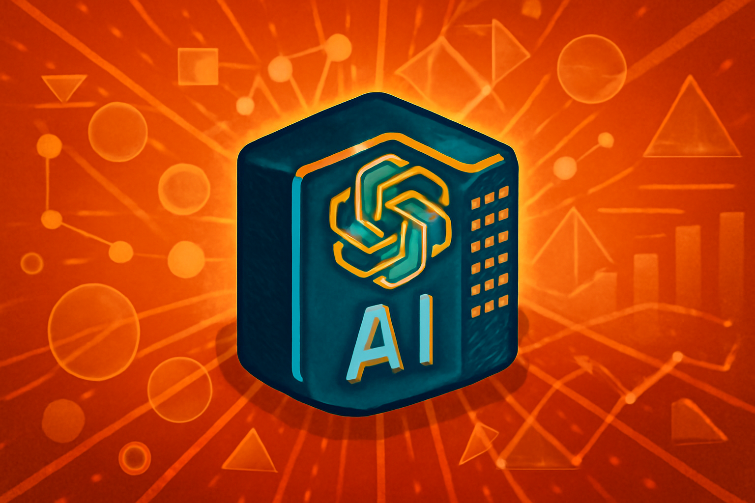 A digital illustration of geometric shapes and mathematical lines overlaid with glowing network patterns, representing an AI breakthrough in geometry.