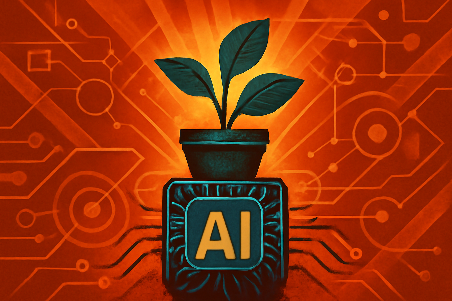 A digital illustration showing a magnifying glass over endangered plants with binary code and data lines representing AI technology.