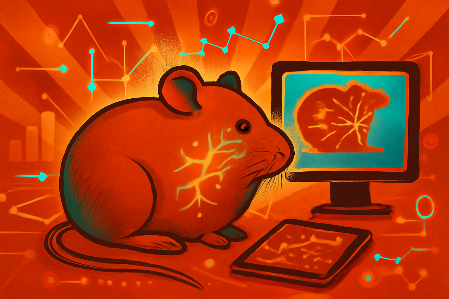 A digital 3D visualization of a mouse anatomy on a laboratory monitor, highlighting nervous system pathways and areas of inflammation in glowing colors to represent AI mapping.