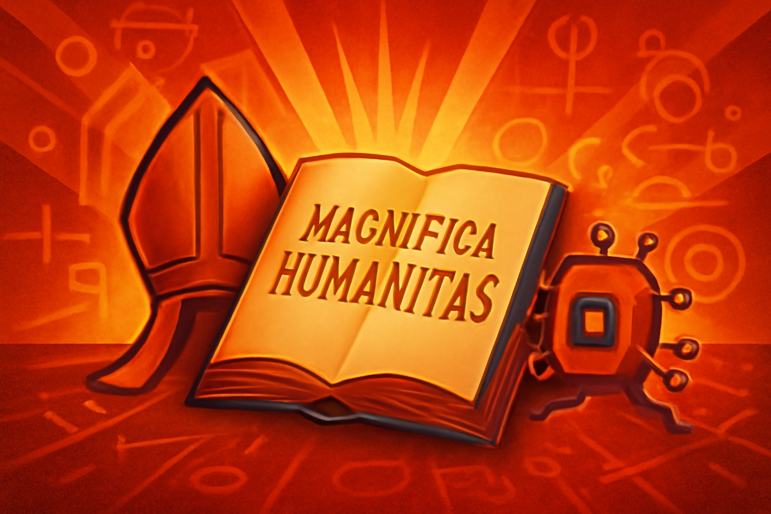 Pope Leo XIV and Christopher Olah stand together in a Vatican hall holding a formal document titled Magnifica Humanitas.