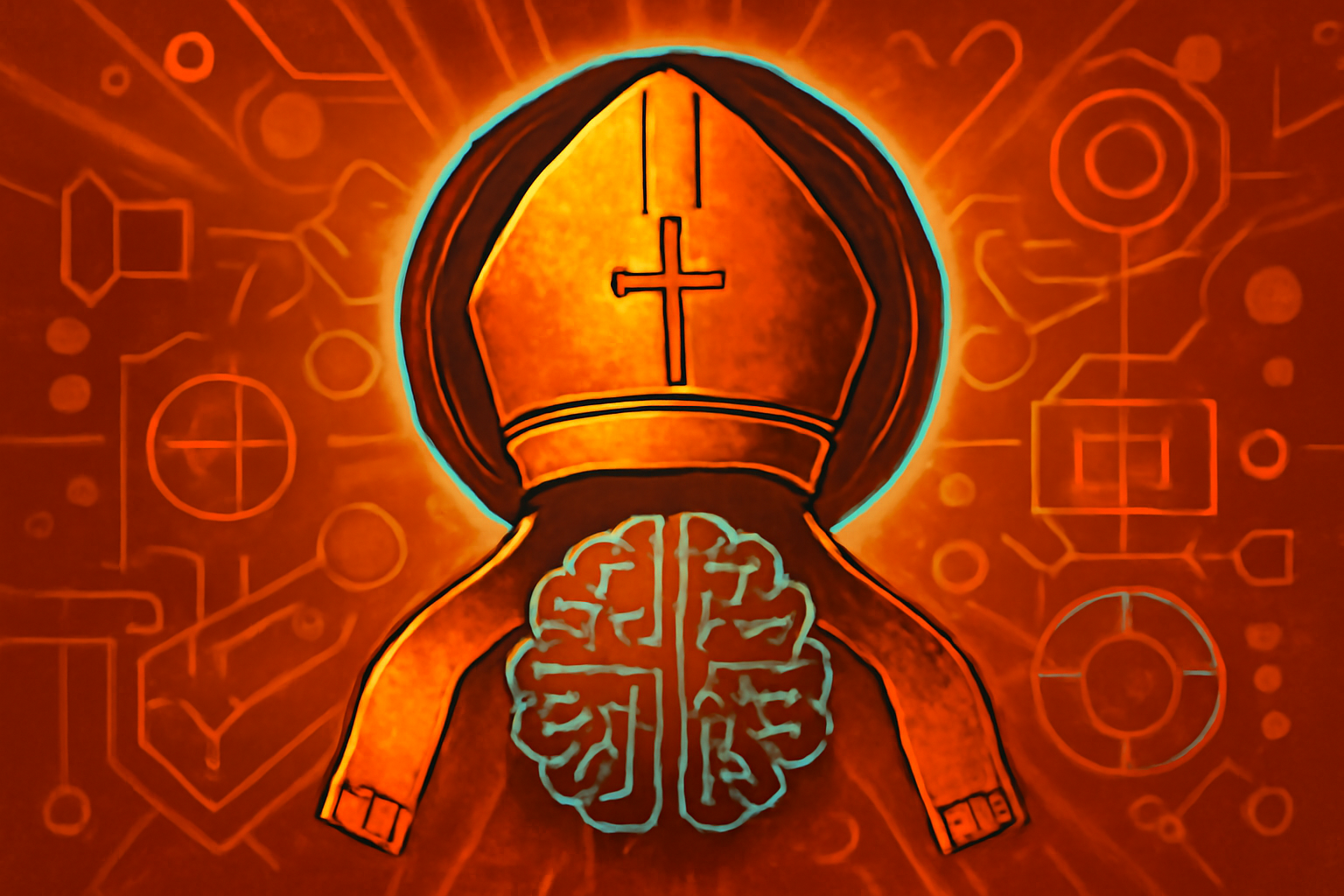 A document titled Magnifica Humanitas sits on an ornate desk in a papal study, with a subtle digital glowing pattern in the background representing artificial intelligence.