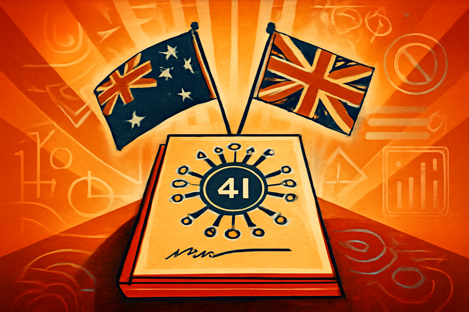 The Australian and UK flags stand together in an office setting, overlaid with digital graphics representing artificial intelligence and data security.