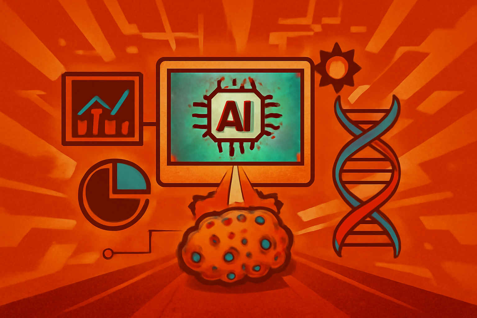 A digital visualization of a DNA strand being analyzed by AI software, showing data points and medical icons representing cancer treatment predictions.