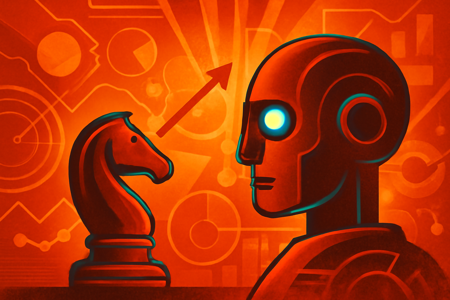 A conceptual digital illustration of a neural network overlaying a business boardroom table, symbolizing artificial intelligence's predictive power in corporate strategy.
