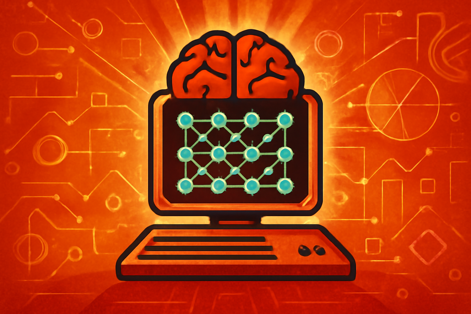 Digital artwork representing a neural network in the shape of a child's head, with glowing connections illustrating the flow of evolving language data.