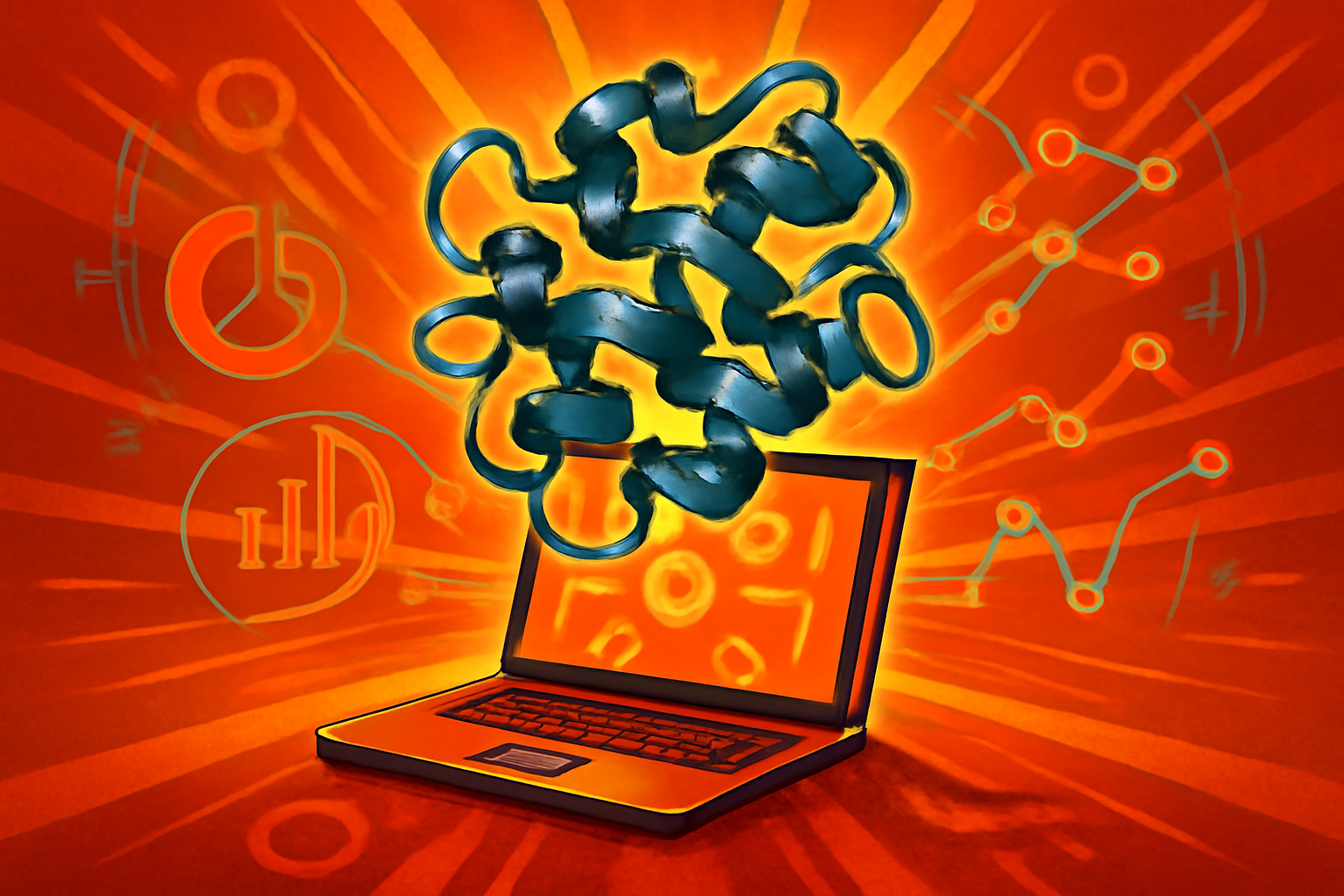 A 3D digital rendering of a protein molecule structure glowing with blue light, representing AI analysis in biological research.