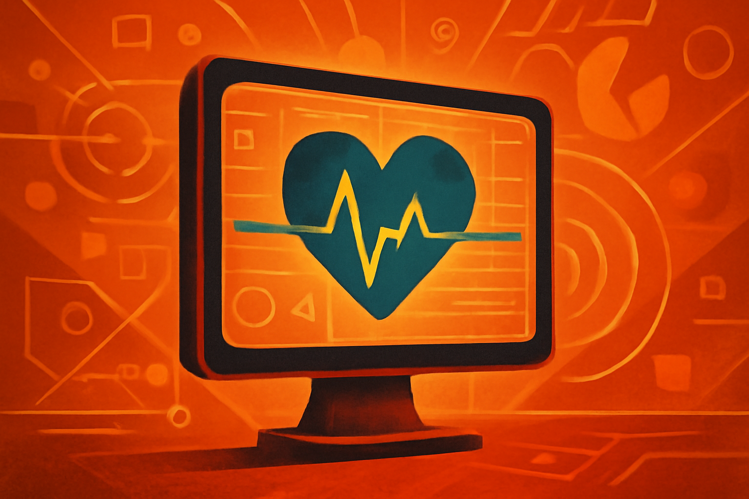 A digital screen displaying a 3D heart model with data graphs and a doctor using a tablet in a modern medical facility.