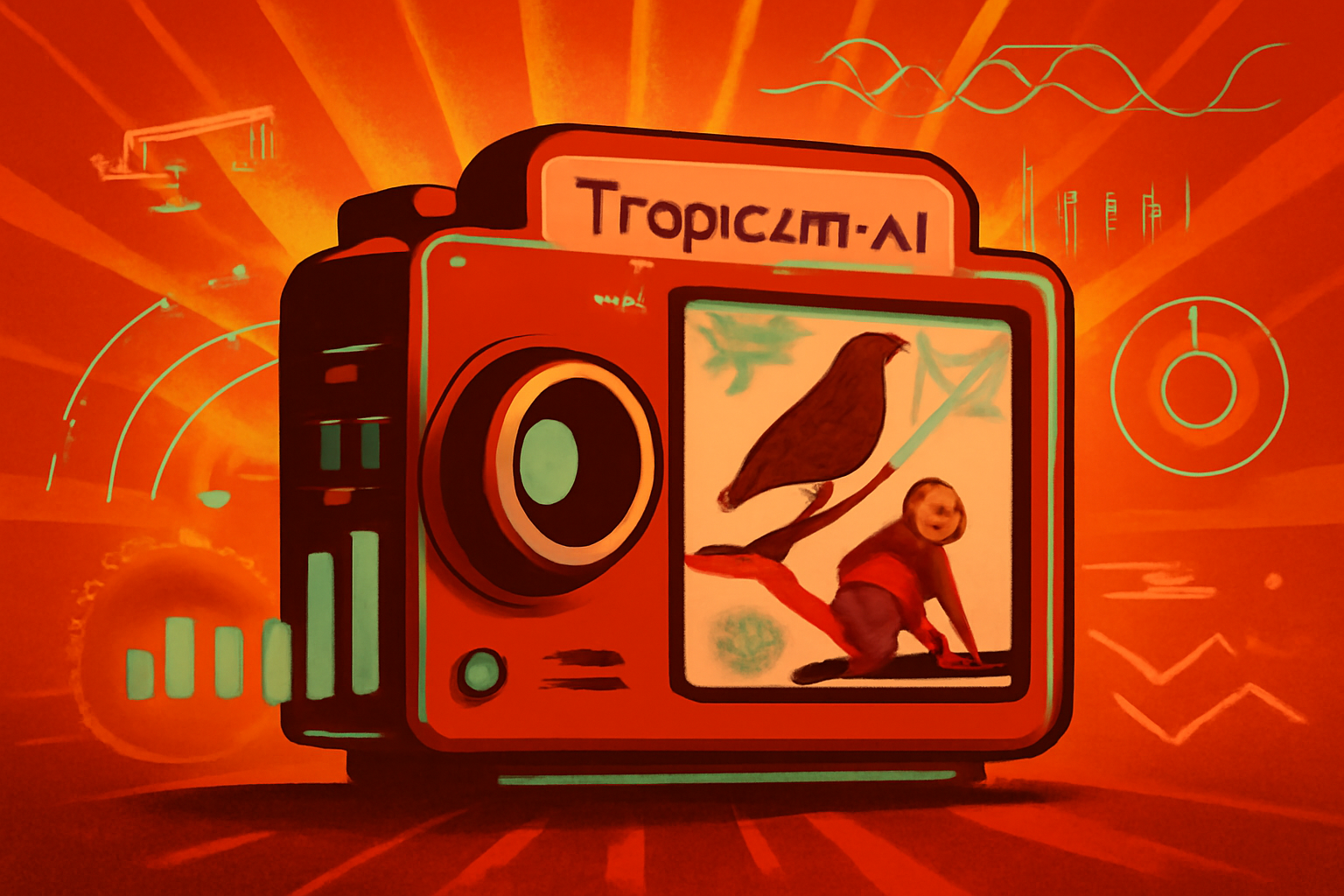A digital visualization of AI software identifying a monkey in a tropical forest canopy with a high-accuracy percentage overlay.