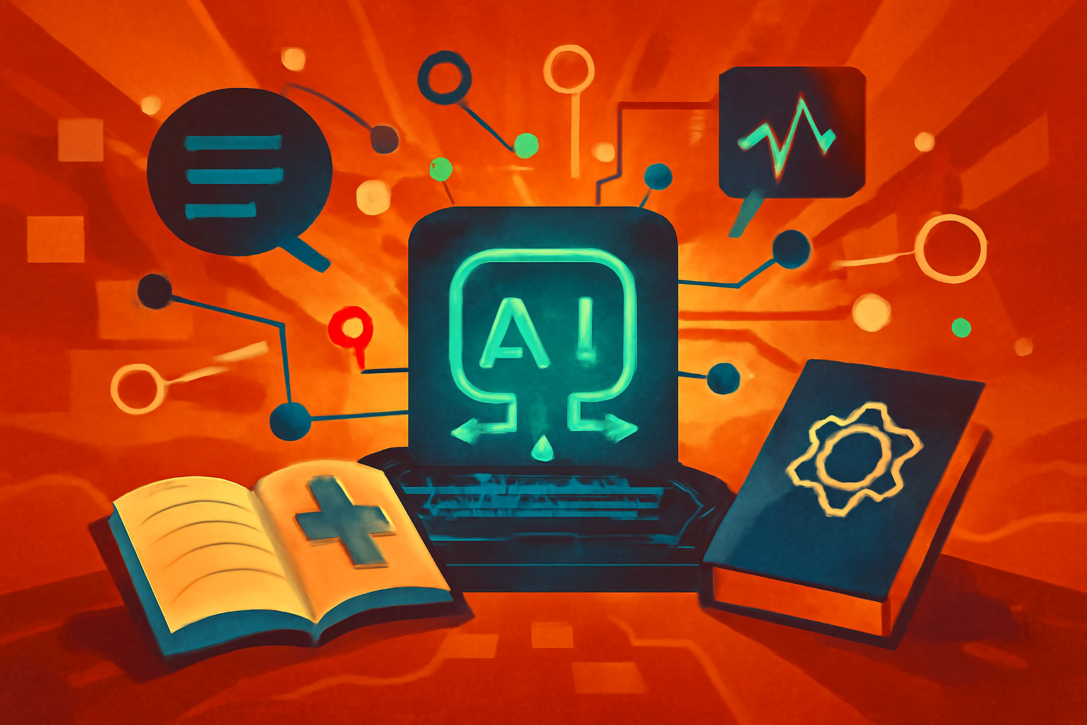 A conceptual 3D illustration of seven digital AI agents connected to a central scientific database, representing a multi-agent verification system for medical data.