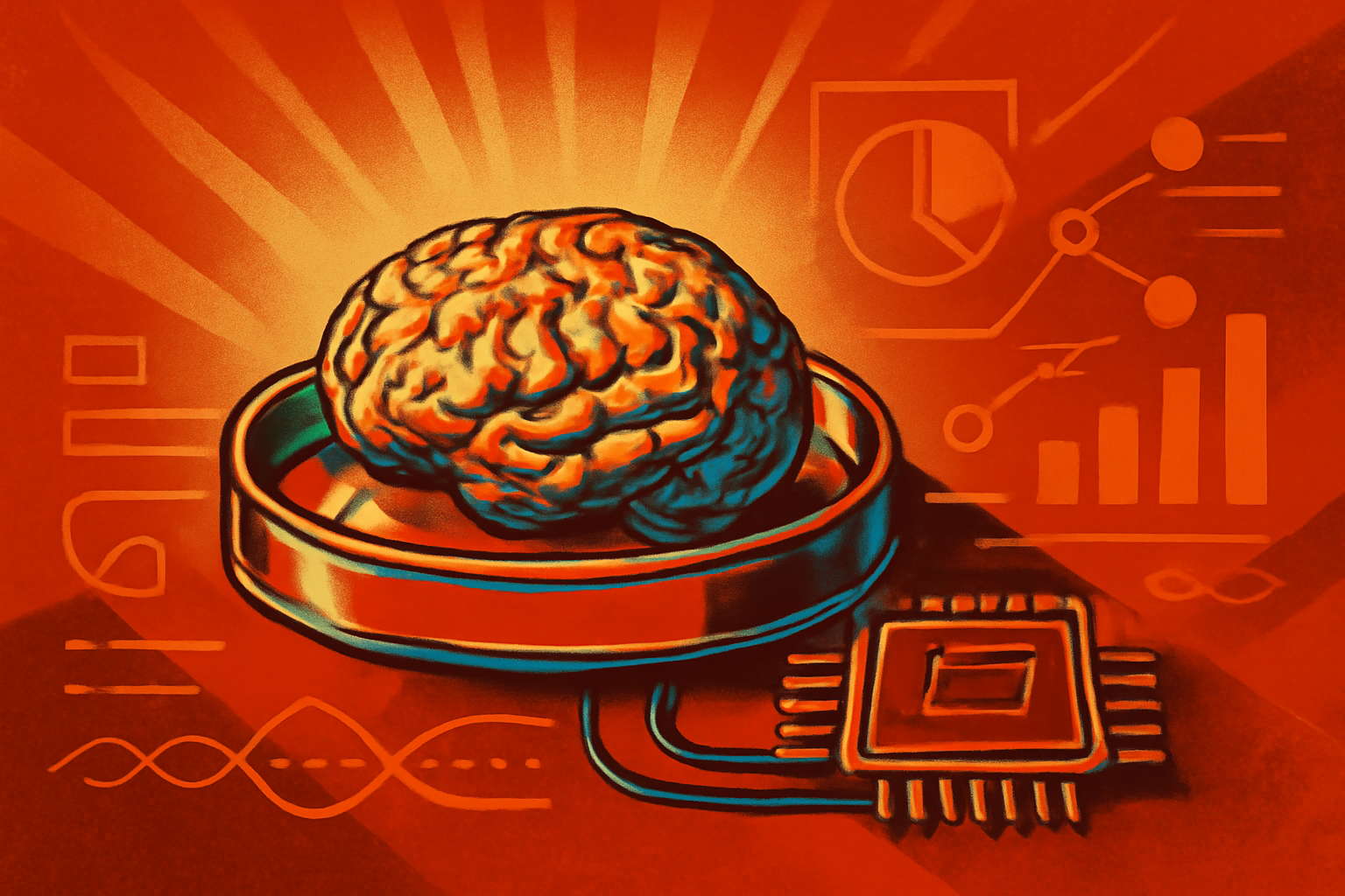 A laboratory view of human brain organoids attached to a grid of micro-electrodes for biocomputing research.