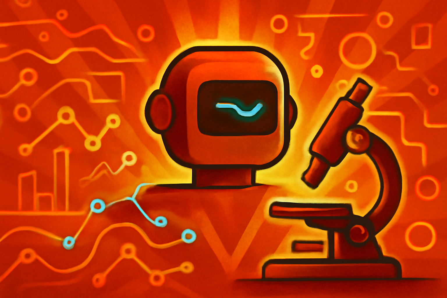 An editorial illustration of a robot in a science lab looking at a digital tablet with data charts, while a red warning about contradictory evidence is displayed on the screen.