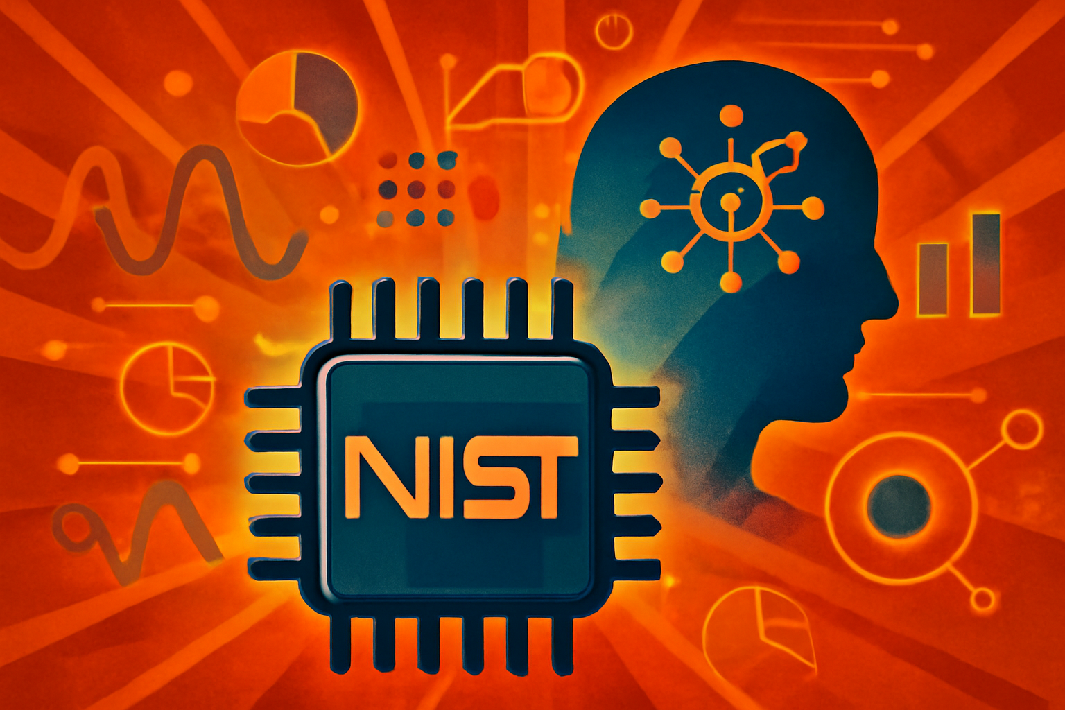 A clean, brightly lit modern office and laboratory environment featuring digital displays of data and AI neural network visualizations, representing technological innovation and government research.