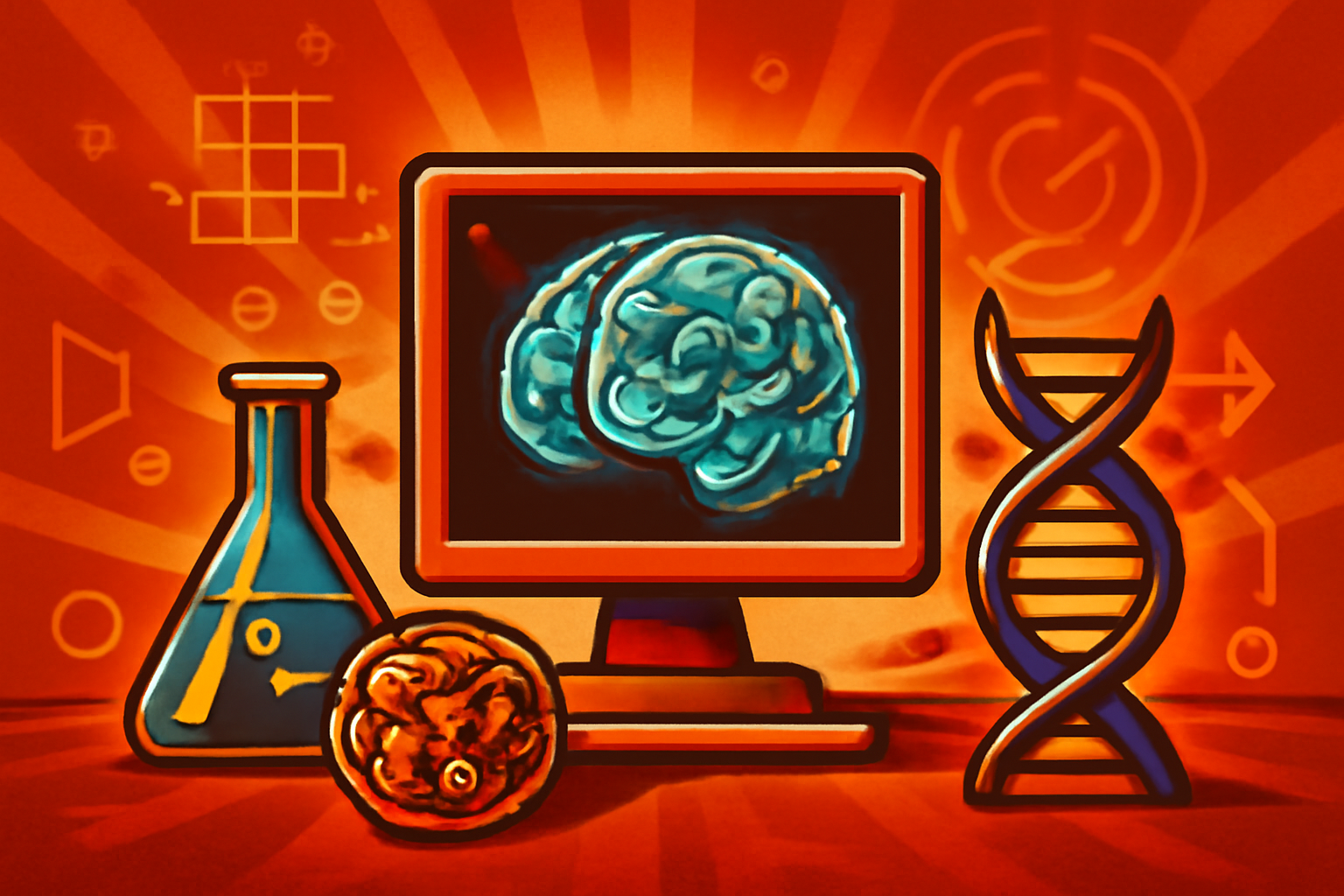 A high-tech medical laboratory screen displaying AI-generated data visualizations of tumor cells and molecular structures for precision oncology research.