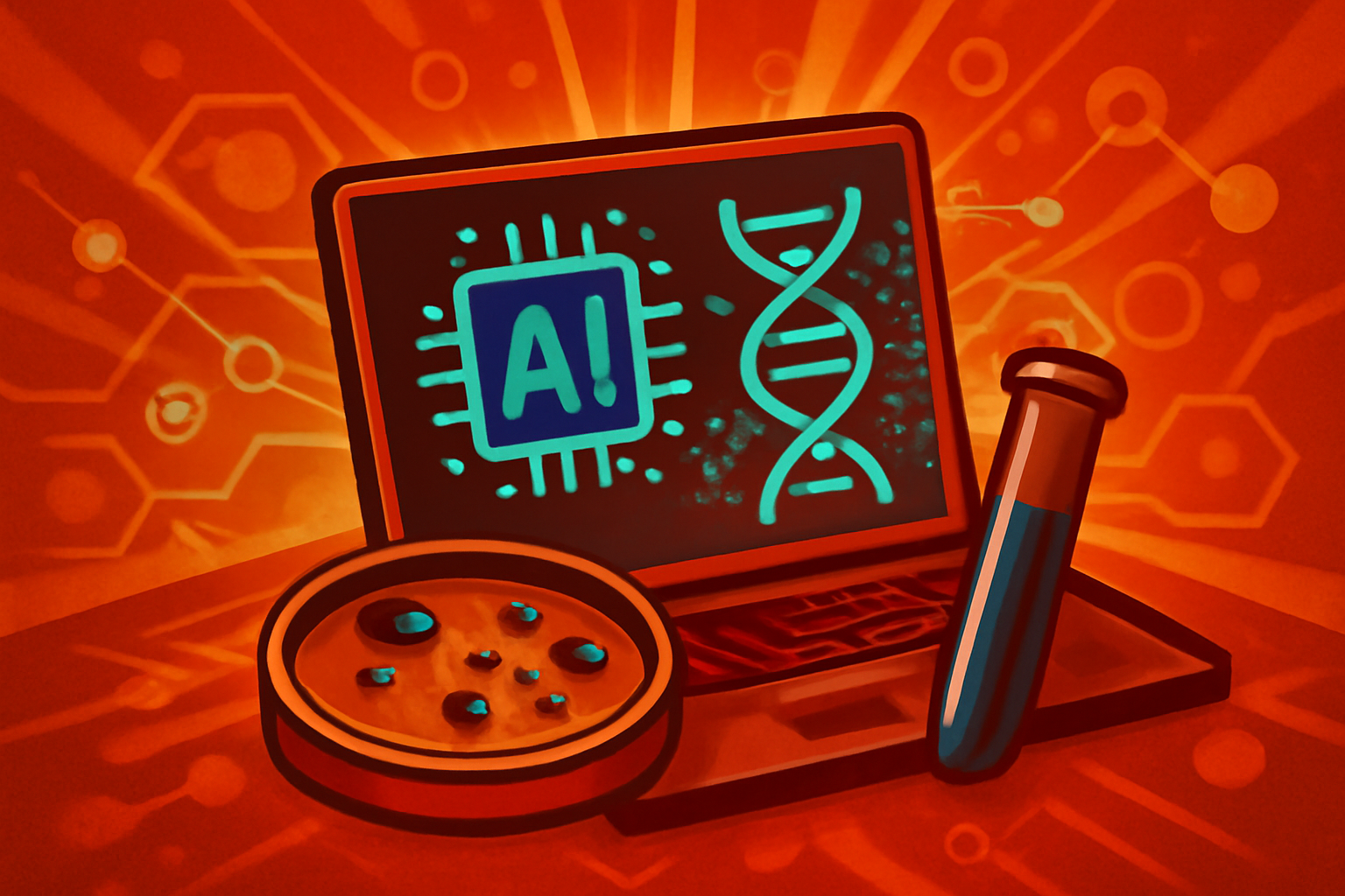 A computer screen in a laboratory displays a colorful 3D molecular model of an antibacterial peptide being analyzed by AI software.