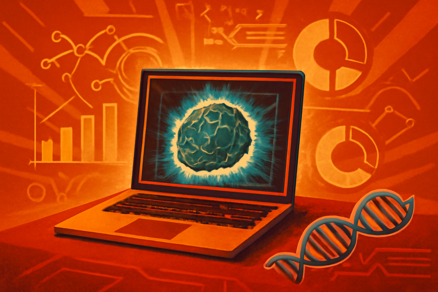 A high-tech laboratory showing medical researchers working with artificial intelligence visualizations of genetic data on glass screens.