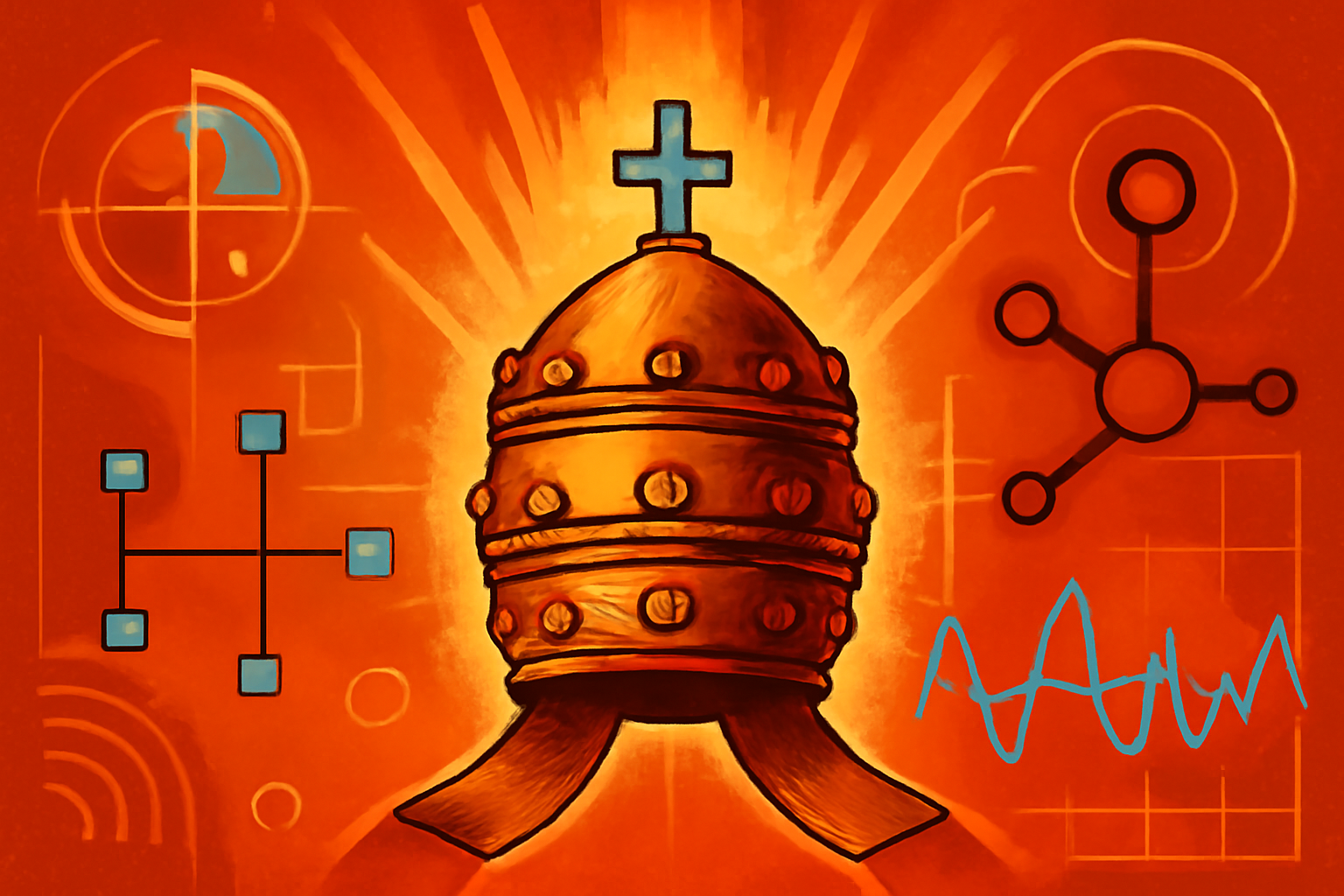 A digital projection of neural networks displayed in a traditional Vatican setting to represent the intersection of faith and AI ethics.