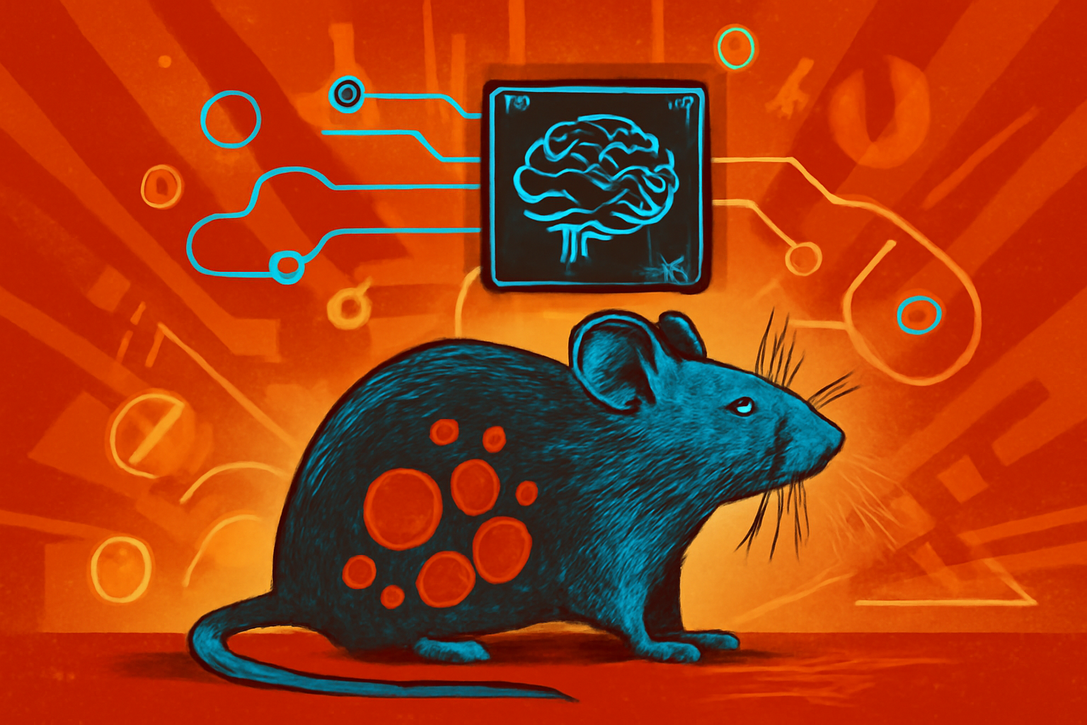 A digital visualization of a mouse model surrounded by glowing nanoparticles and a neural network grid in a laboratory setting.