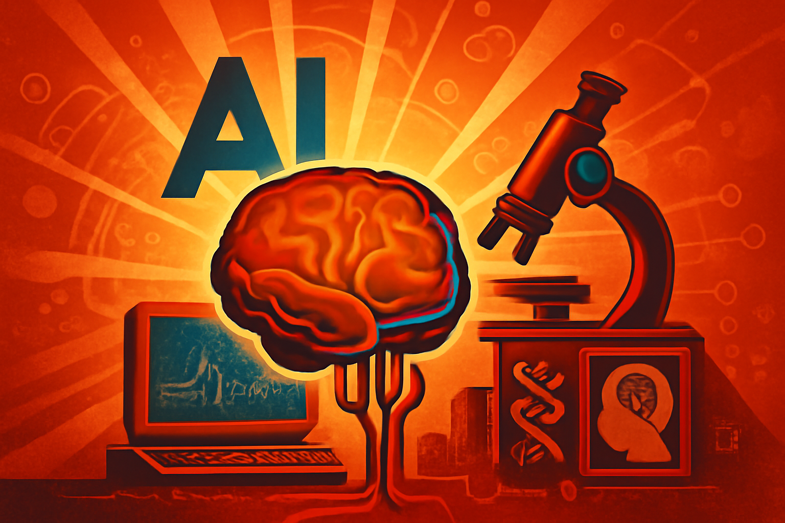 A researcher analyzes complex 3D brain scans and computational data on a monitor in a high-tech biomedical laboratory.
