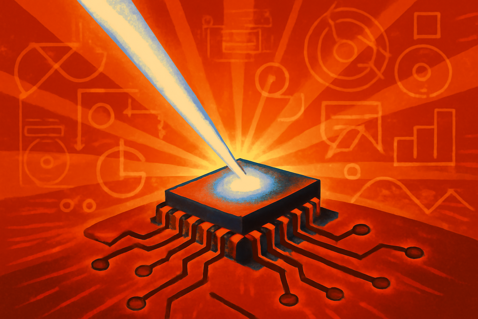 A close-up view of a light-powered valleytronic circuit glowing with bright blue light paths on a dark semiconductor background.