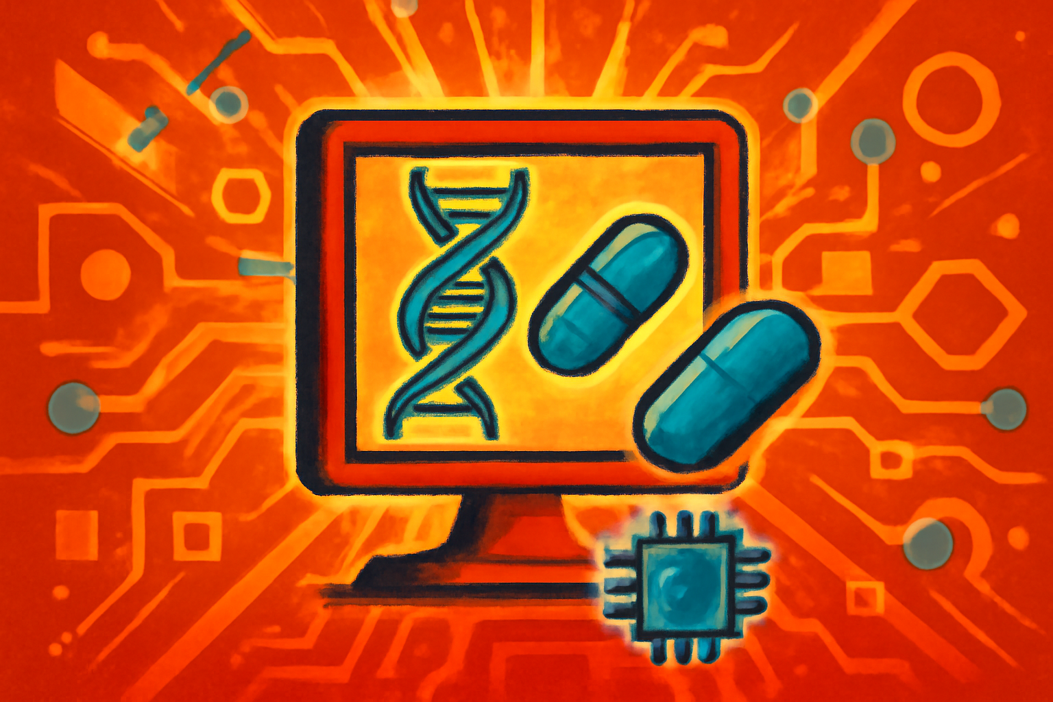 A laboratory display shows DNA sequences and protein models generated by the Mystra AI platform for drug discovery.