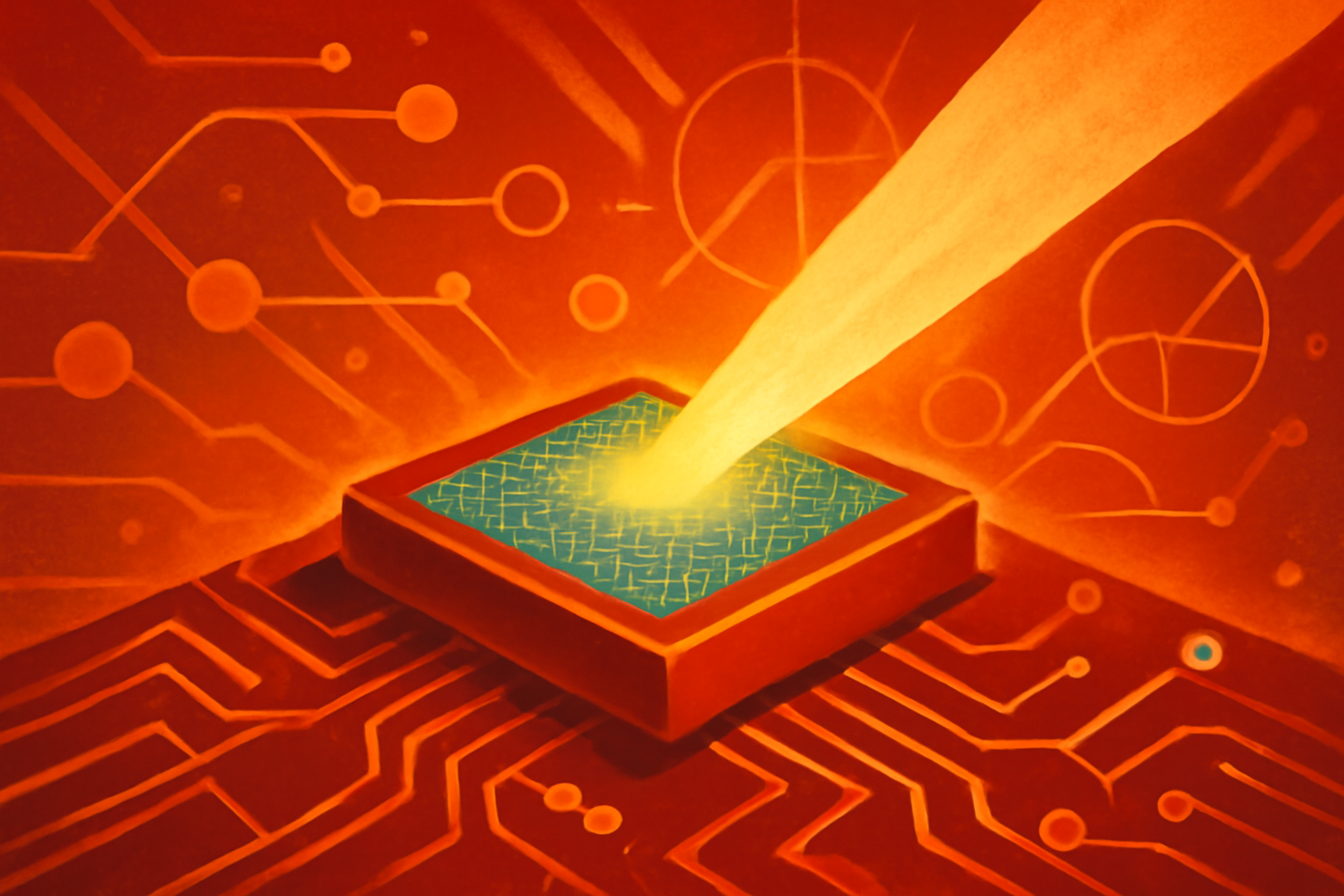 A close-up view of a glowing photonic chip with intricate light patterns representing data transfer within a quantum computing component.