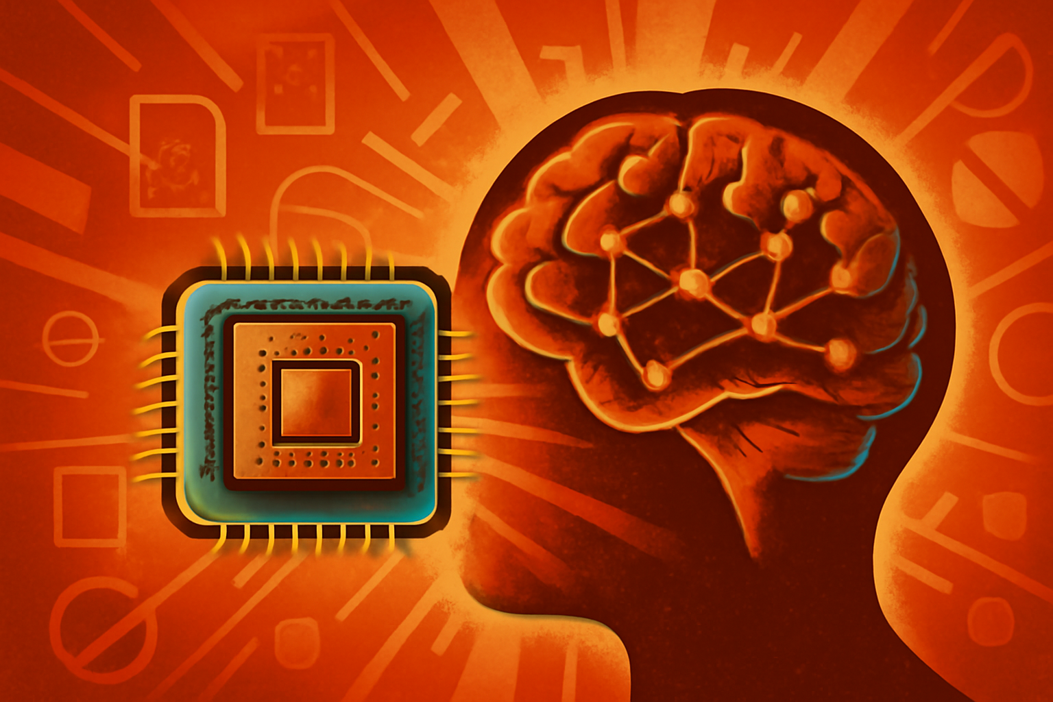 A close-up view of a tiny AI chip held on a fingertip, showing glowing neural patterns to symbolize brain-like computing.
