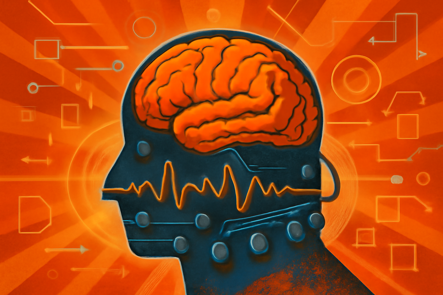 A digital 3D visualization of a human brain on a medical monitor showing active neural pathways in blue and gold colors.