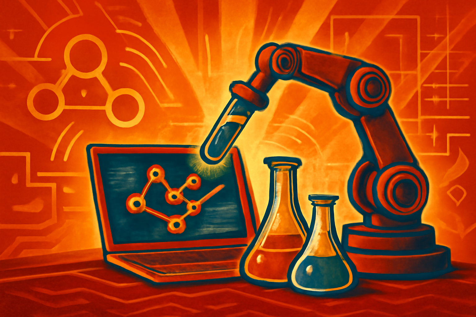 A robotic arm in a modern NC State laboratory processes chemical samples while a computer screen displays molecular data.