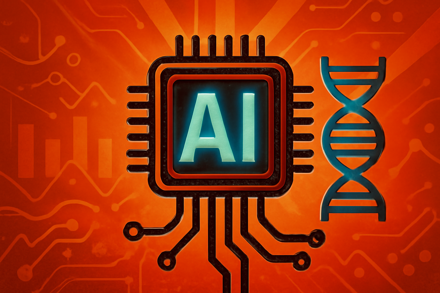 Digital illustration of a DNA strand integrated with glowing AI network lines, representing the use of agentic artificial intelligence in genetic research and drug discovery.