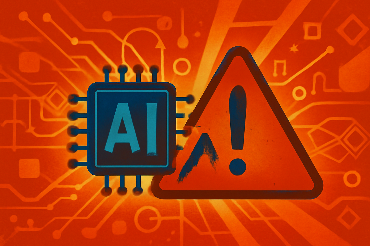 A conceptual digital illustration of a glowing artificial intelligence neural network with a red warning light reflected in a human eye.