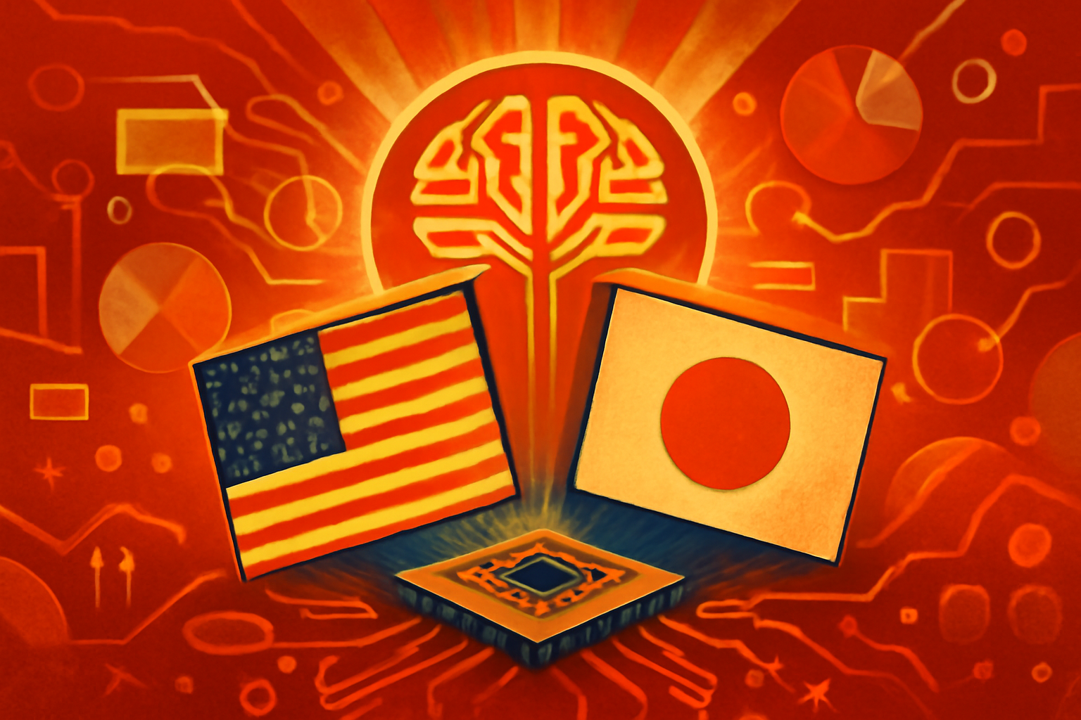 US and Japanese flags standing together in a high-tech scientific facility with supercomputers and holographic displays.