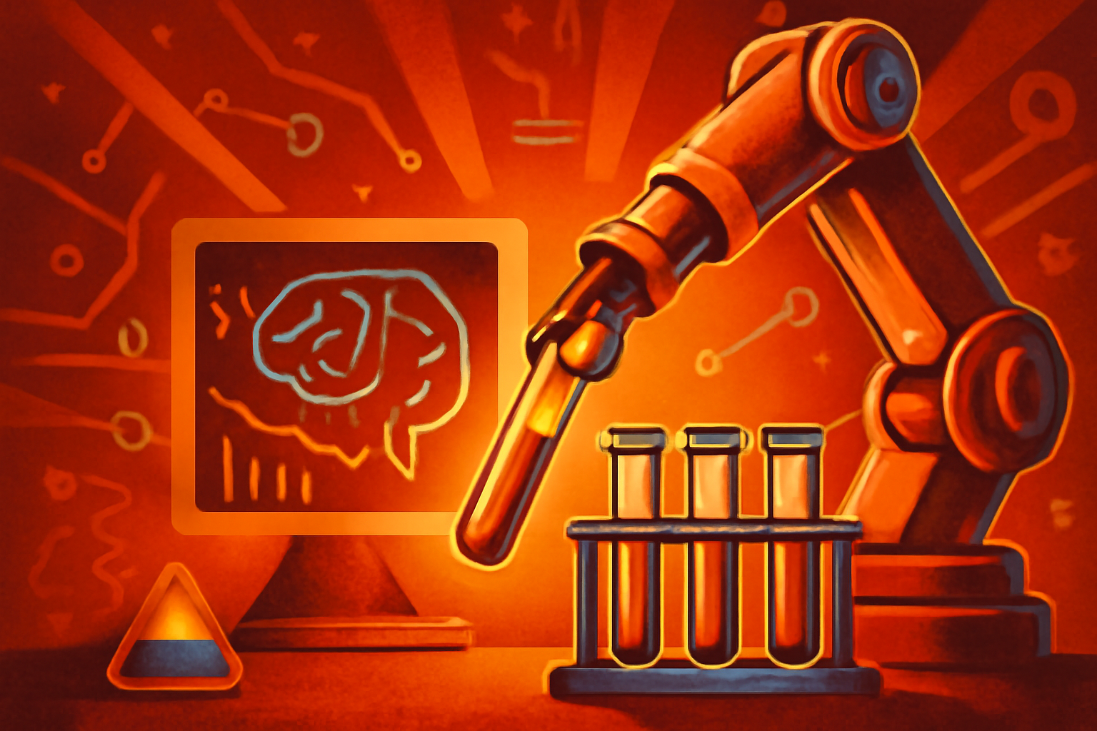 A robotic arm performs a chemistry experiment in a modern laboratory, handling test tubes while an AI interface monitors the data on a background screen.