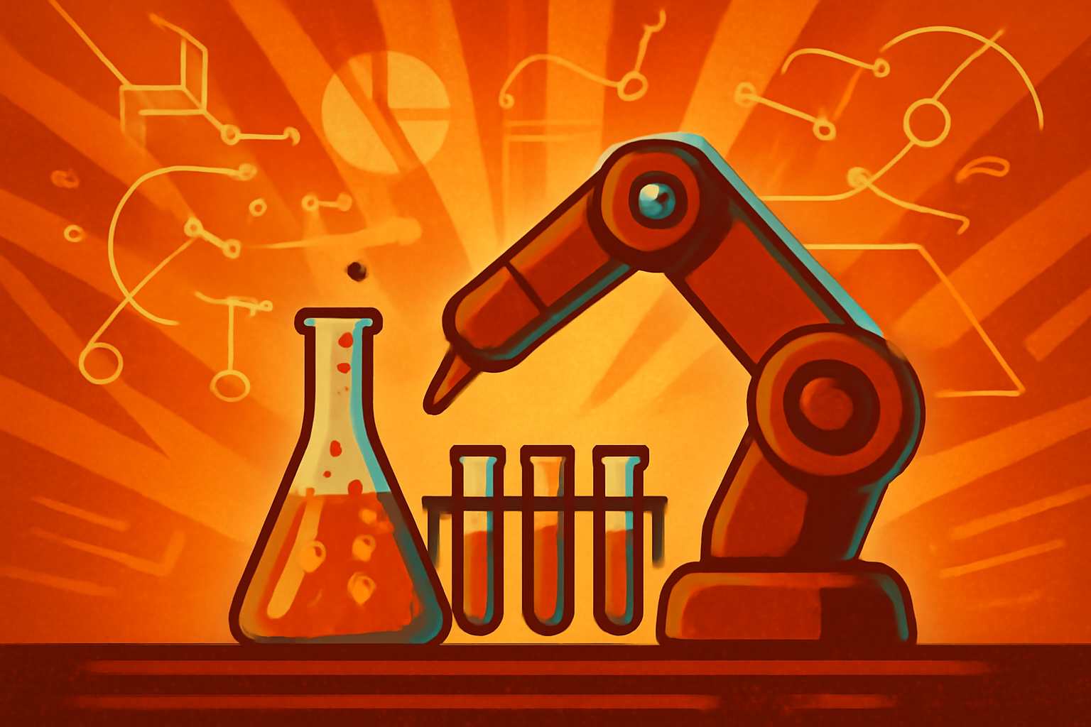 A clean, modern laboratory featuring robotic arms and automated equipment performing scientific experiments under soft blue lighting.