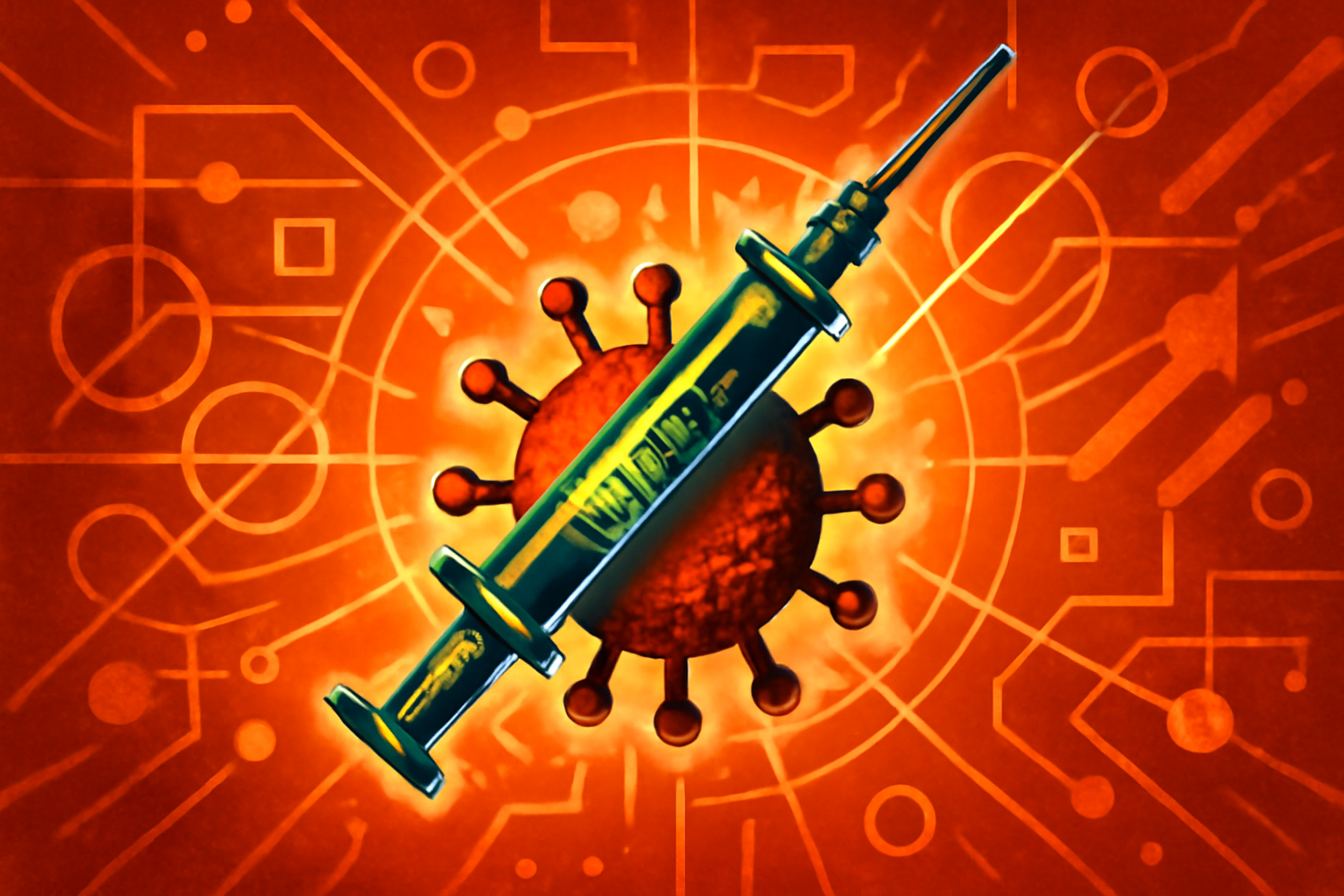 A scientist in a laboratory holding a small vaccine vial with a digital screen in the background displaying a 3D model of a virus protein structure.
