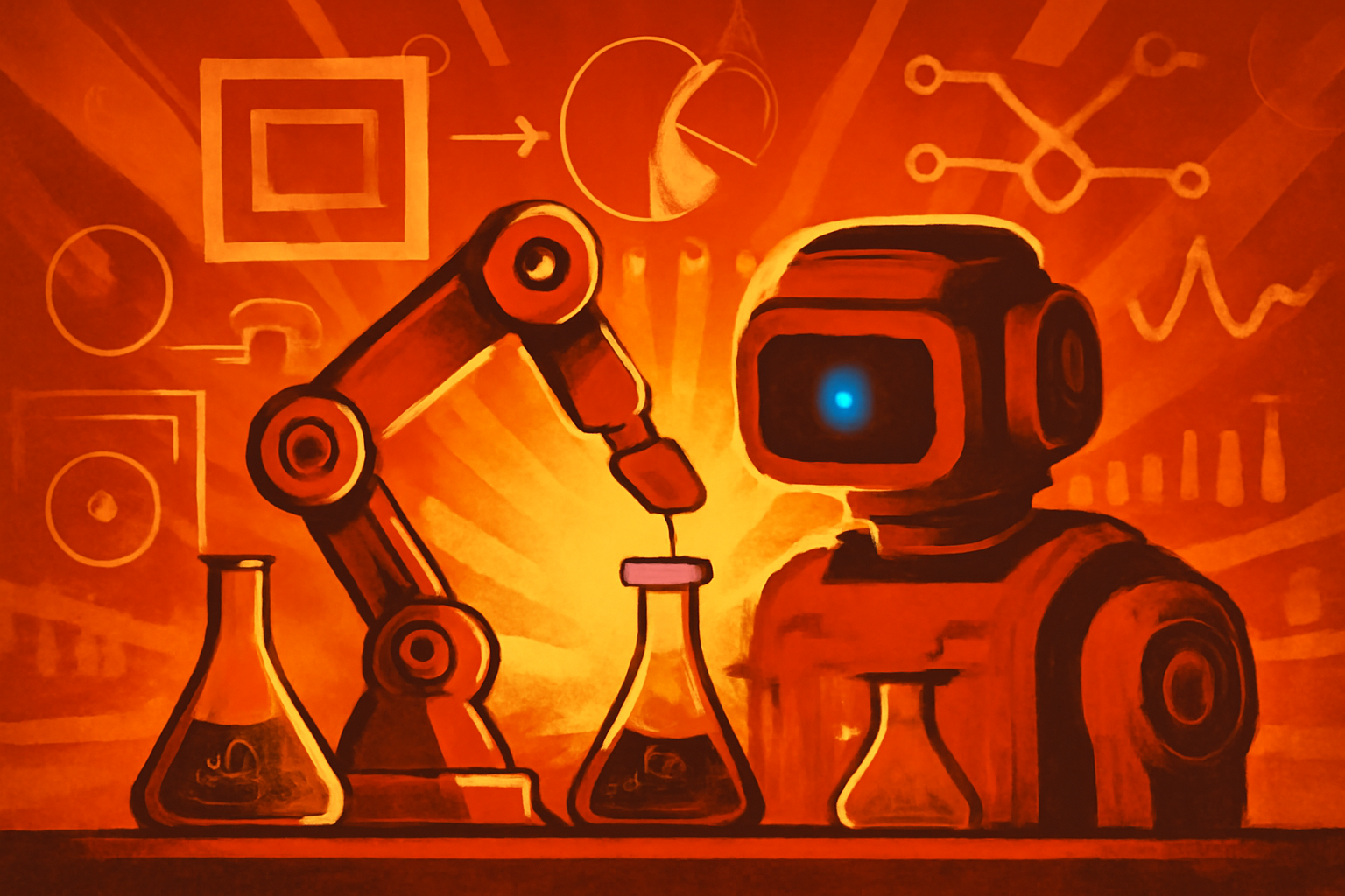 A robotic arm in a sterile laboratory setting precisely handling glass vials next to a monitor showing scientific data.