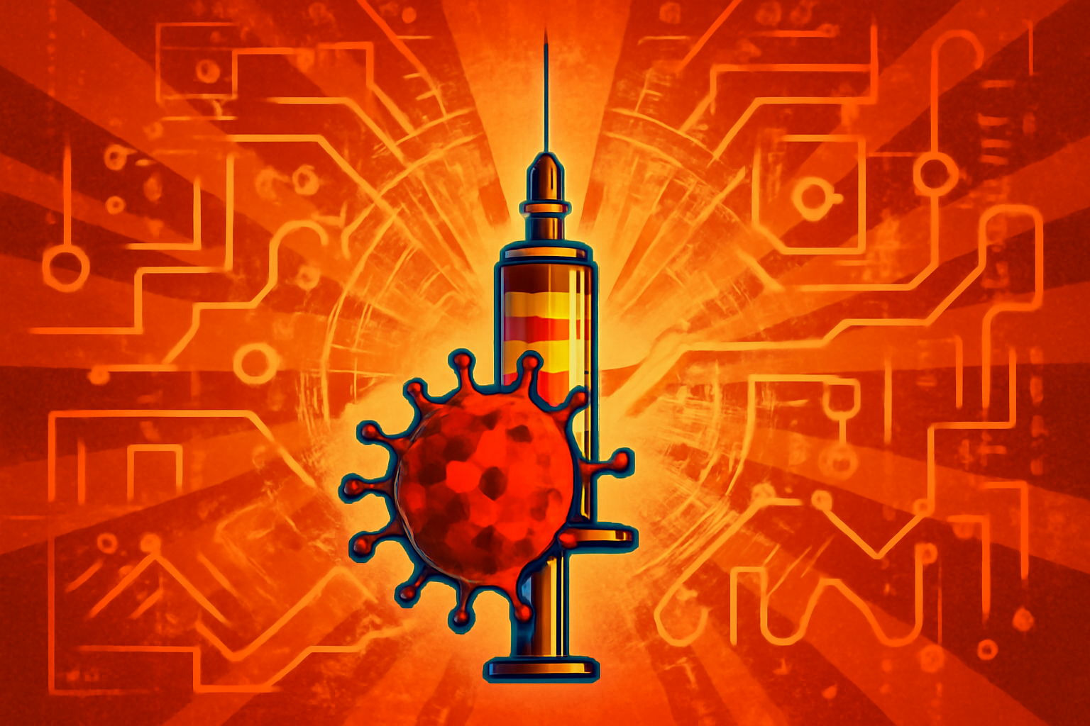 A scientist in a lab looking at a digital 3D virus model on a futuristic interface, representing AI-designed vaccine development.