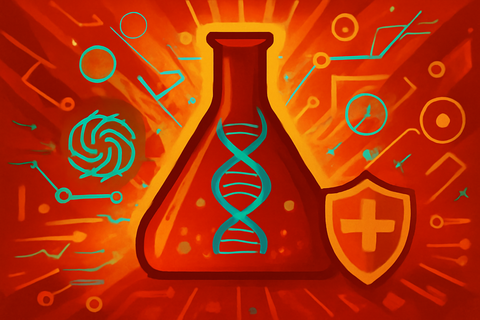 A high-tech laboratory monitor showing colorful 3D molecular structures and DNA sequences, representing AI-driven life sciences research.