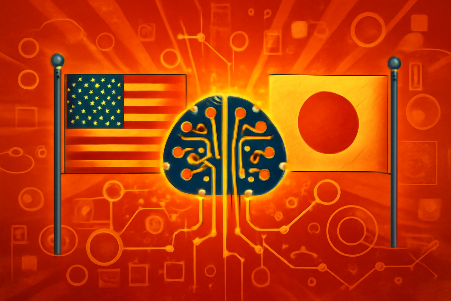 A digital conceptual illustration showing a network of light connecting the United States and Japan, symbolizing the $1 billion Genesis Mission AI partnership for scientific research.