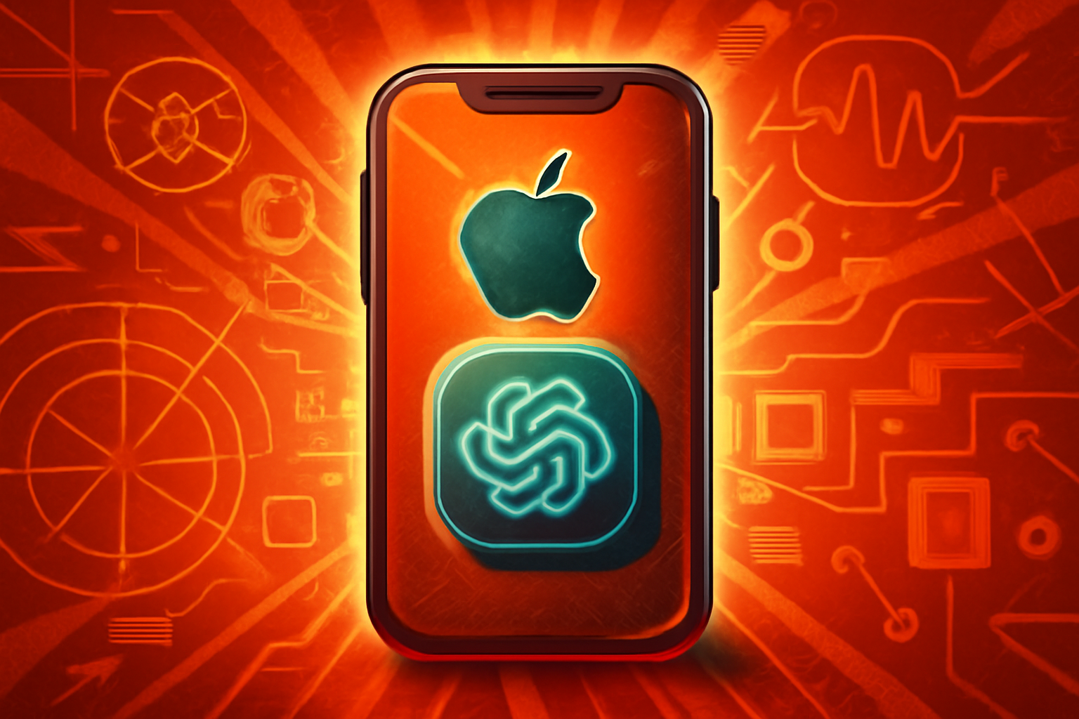 A large digital stage display at a tech conference showing the words iOS 27 and Apple Intelligence with colorful glowing waves.