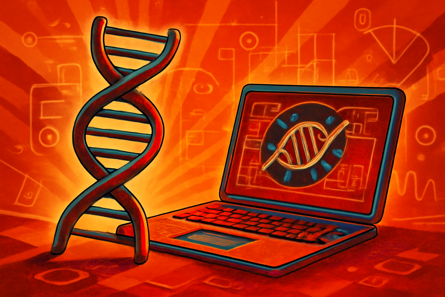 Digital illustration of a DNA strand blending into a glowing artificial intelligence neural network, representing the partnership between genomics and AI.