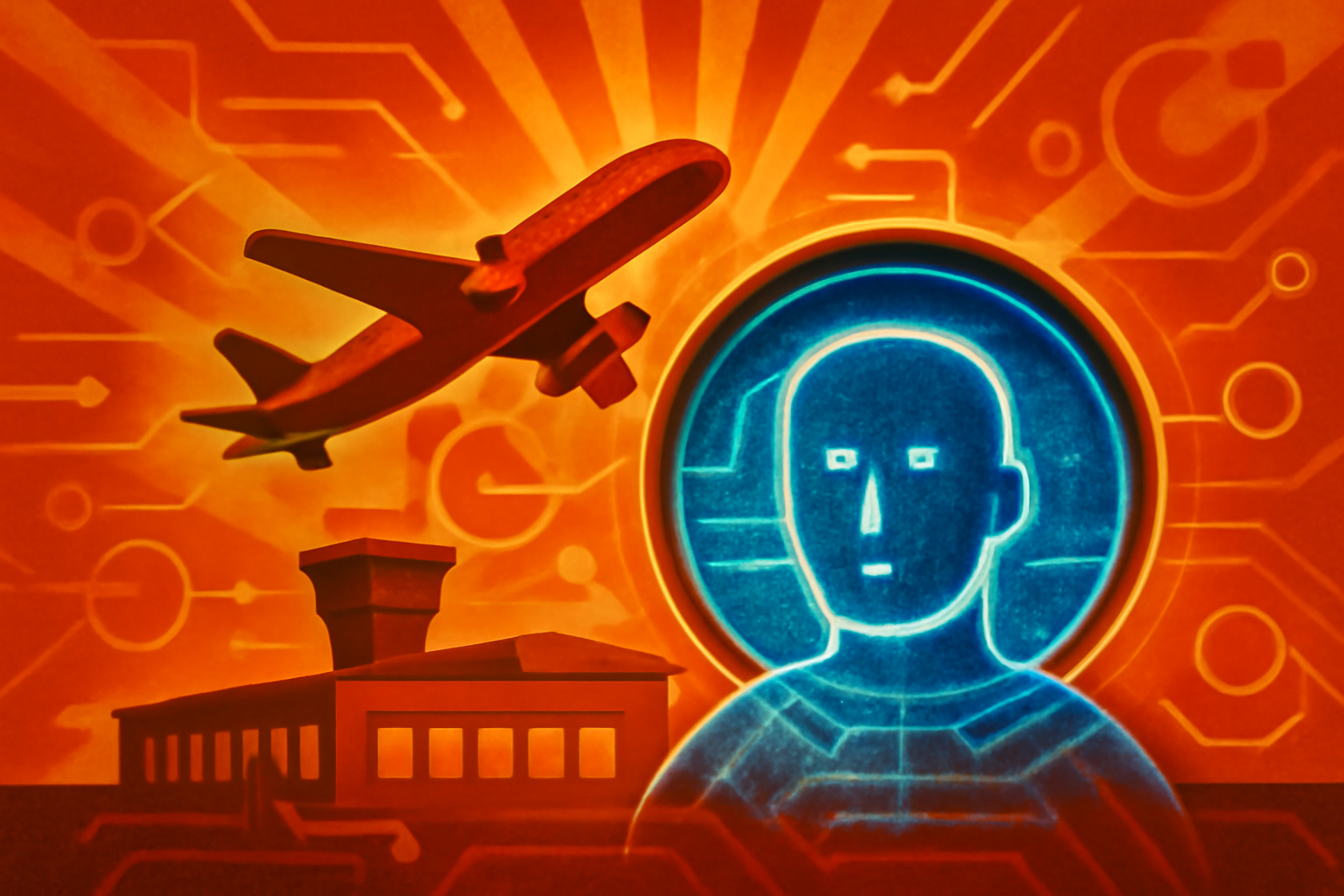 A 3D digital twin simulation of an airport terminal with glowing data visualizations of passenger movement and flight paths.