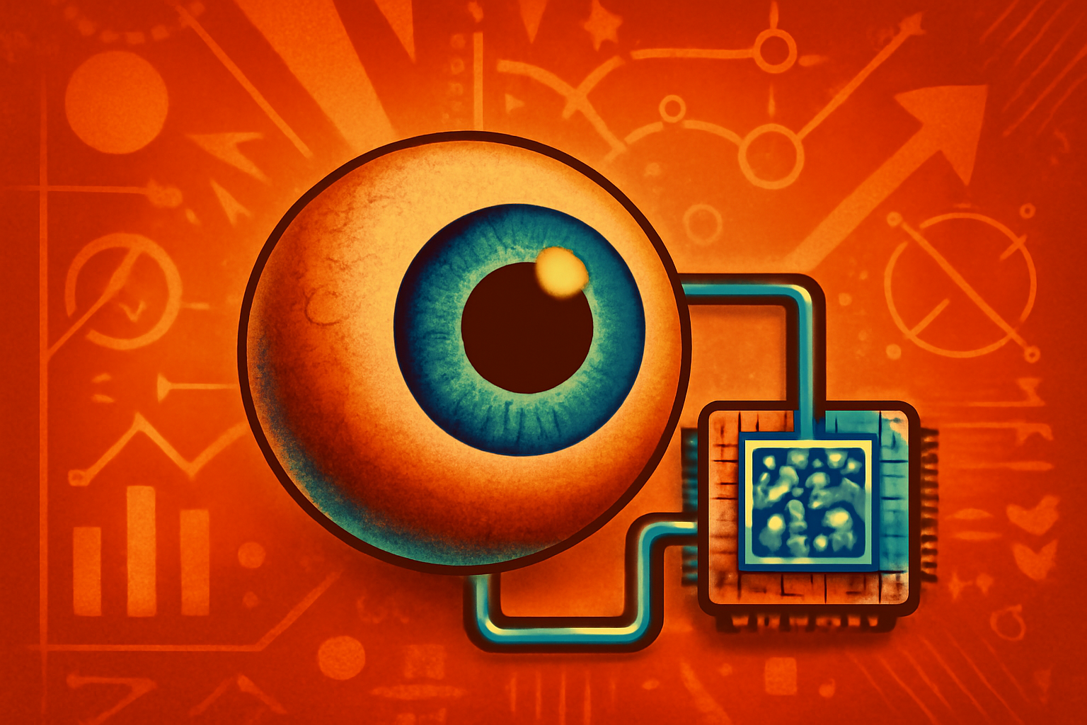 A close-up of a bio-inspired photomemristor sensor on a circuit board, designed to mimic the light-adaptive capabilities of a human eye.