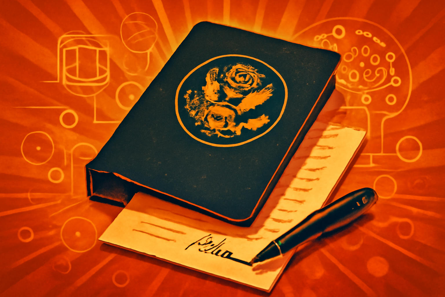 A signed executive order document on a wooden desk with a digital neural network graphic in the background.