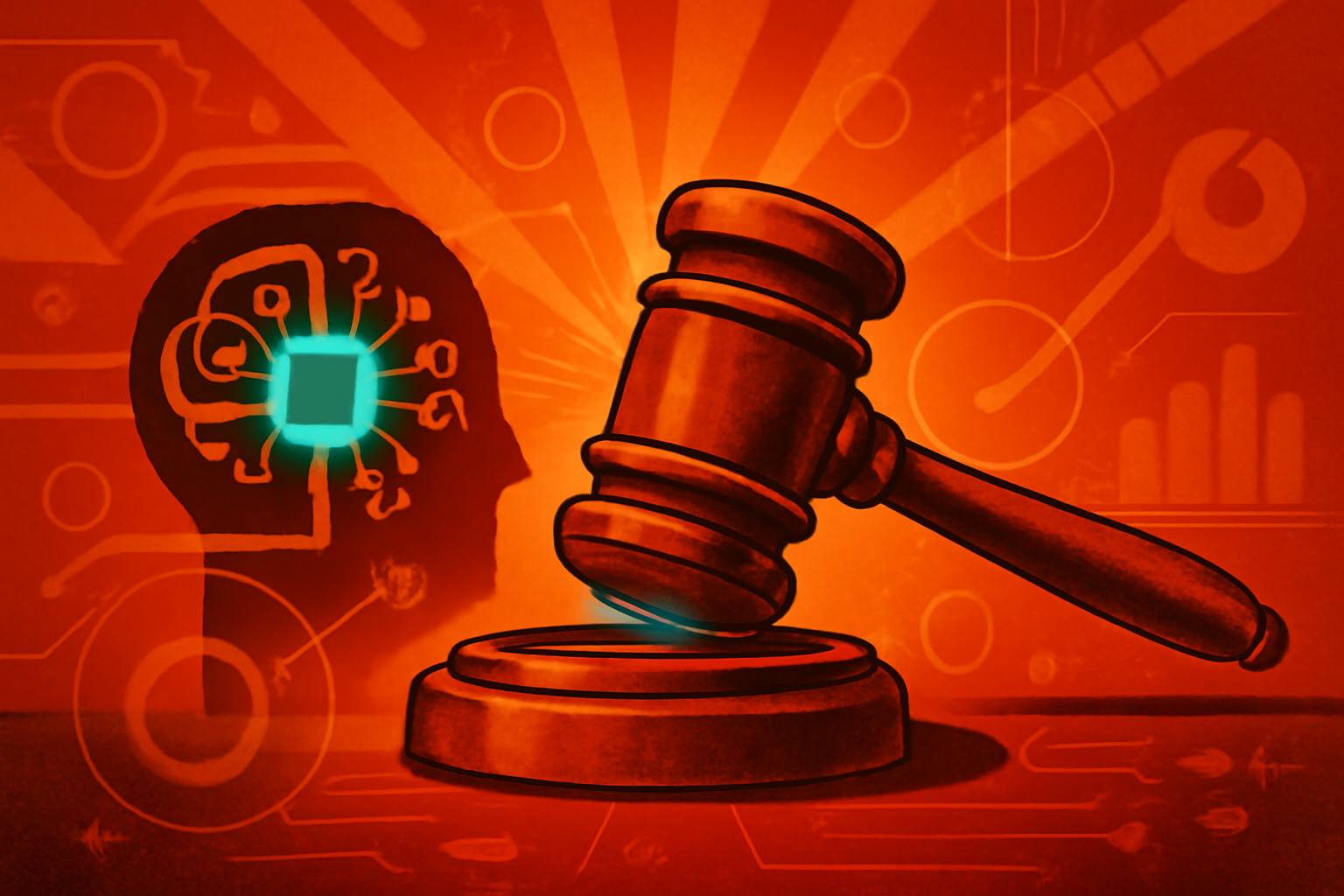 A professional photo of a courtroom bench featuring a gavel and a subtle digital overlay representing data and artificial intelligence.