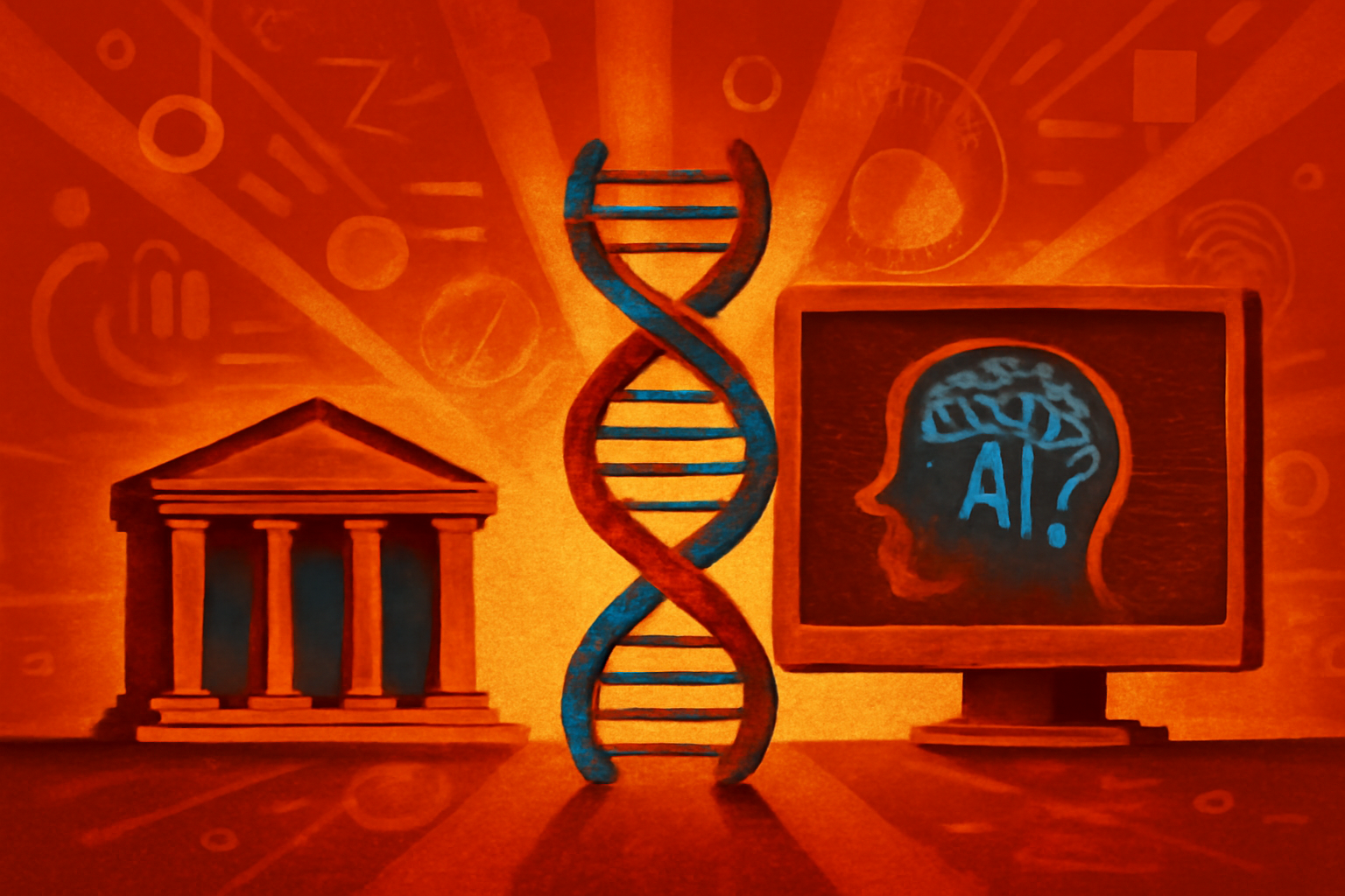 A digital visualization of a DNA double helix merging with artificial intelligence neural network nodes and flowing data points in a high-tech laboratory setting.