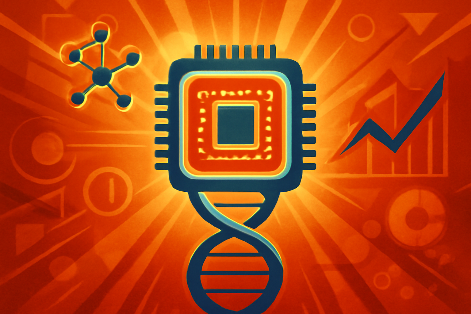 A 3D digital illustration of a DNA double helix merging with a network of glowing data points and neural pathways on a dark, professional background.